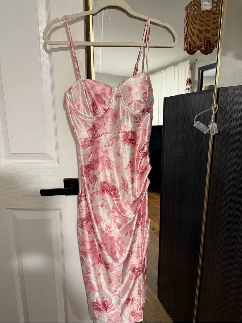Pink Floral Satin Midi Dress with Spaghetti Straps